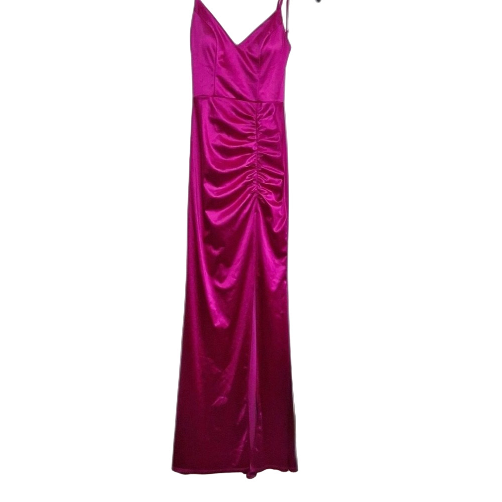 Honey and Rosie Spag Strap V-Neck Ruched Slit Glitter Satin Long Dress size XL - Picture 6 of 13